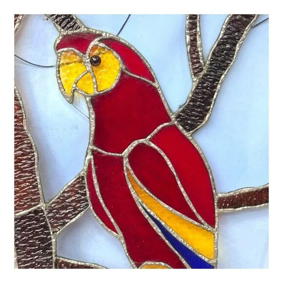 Handcrafted Signed Stained Glass Scarlet Macaw Parrot Wall Art Artisan Panel 18
